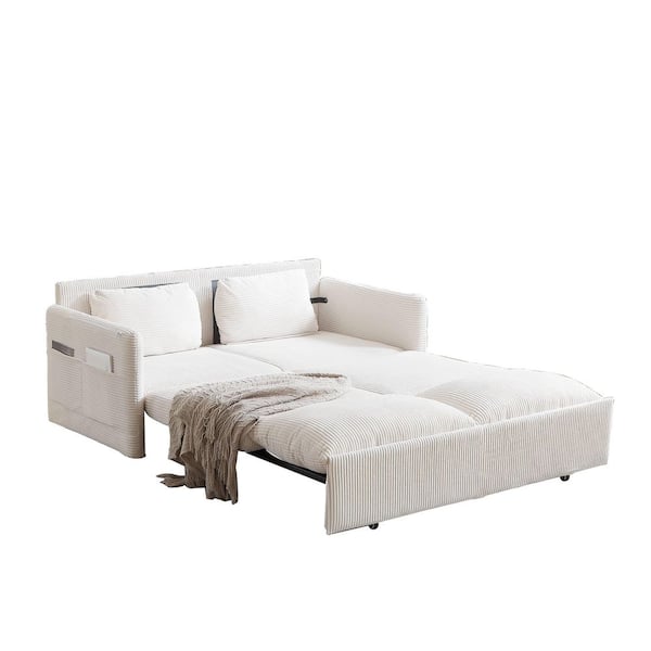 Drelvin Modern 65 in Beige Corduroy Fabric Upholstered Pull-out Twin Size Sofa Bed with Pillow Top Arms and Side Pocket
