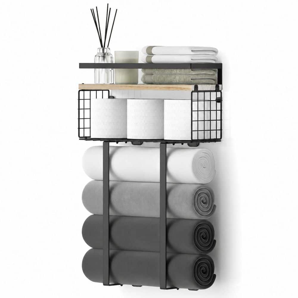Towel Holder Bath Accessory in Black Metal with Natural Wood Shelf for Bathroom Storage and Decorative Display price history on PriceWatchPro