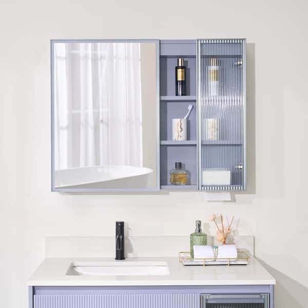 36 in. W x 28 in.H Lavender Solid Wood Wall Mount LED Medicine Cabinet with Mirror Light,Three-prong Plug,Silent Closure
