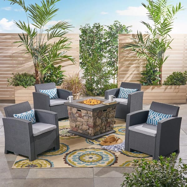 Noble House Caley 5-Piece Faux Wicker Patio Fire Pit Conversation Set with Light Grey Cushions
