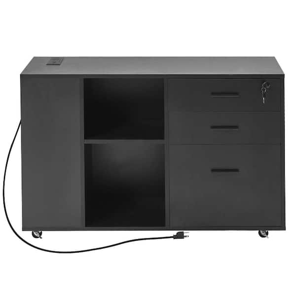 3-Drawer Rolling Wood File Cabinet with Lock and Power Strip, Adjustable Shelves, 5 Wheels, Printer Stand