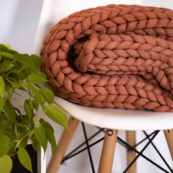 Chunky Knitted Rust Acrylic Throw Blanket