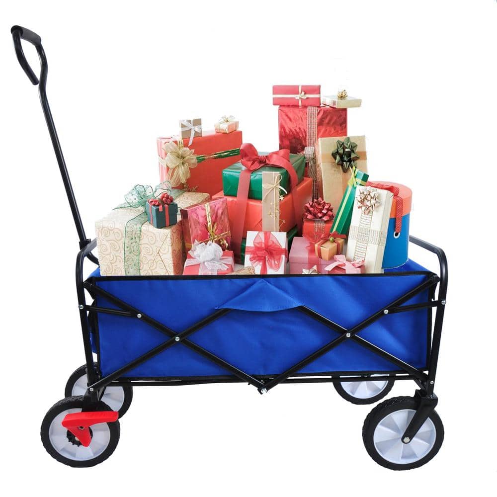 4.7 cu. ft. Blue Heavy-Duty Metal Folding Wagon Garden Shopping Beach Cart,