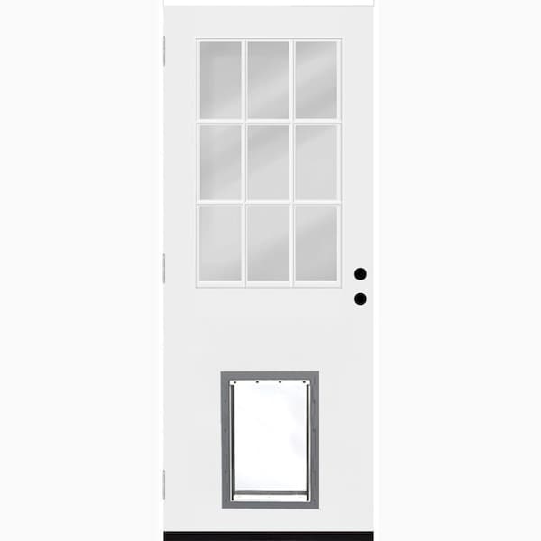 Reliant 36 in. x 80 in. 9 Simulated Divided Lite RHOS Primed Fiberglass Prehung Front Door w/ Large Best Friend Pet Door