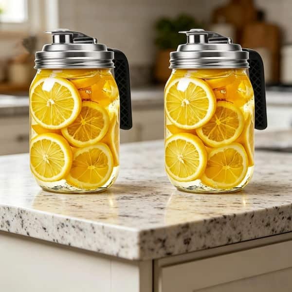 Stainless Steel Mason Jar Pour Spout Lid with Handle for Drinking, Salad Dressing, and Food Storing (2-Pack)