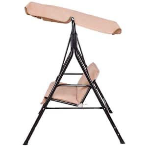 2-Person Steel Frame Patio Canopy Swing Glider with Brown Cushion