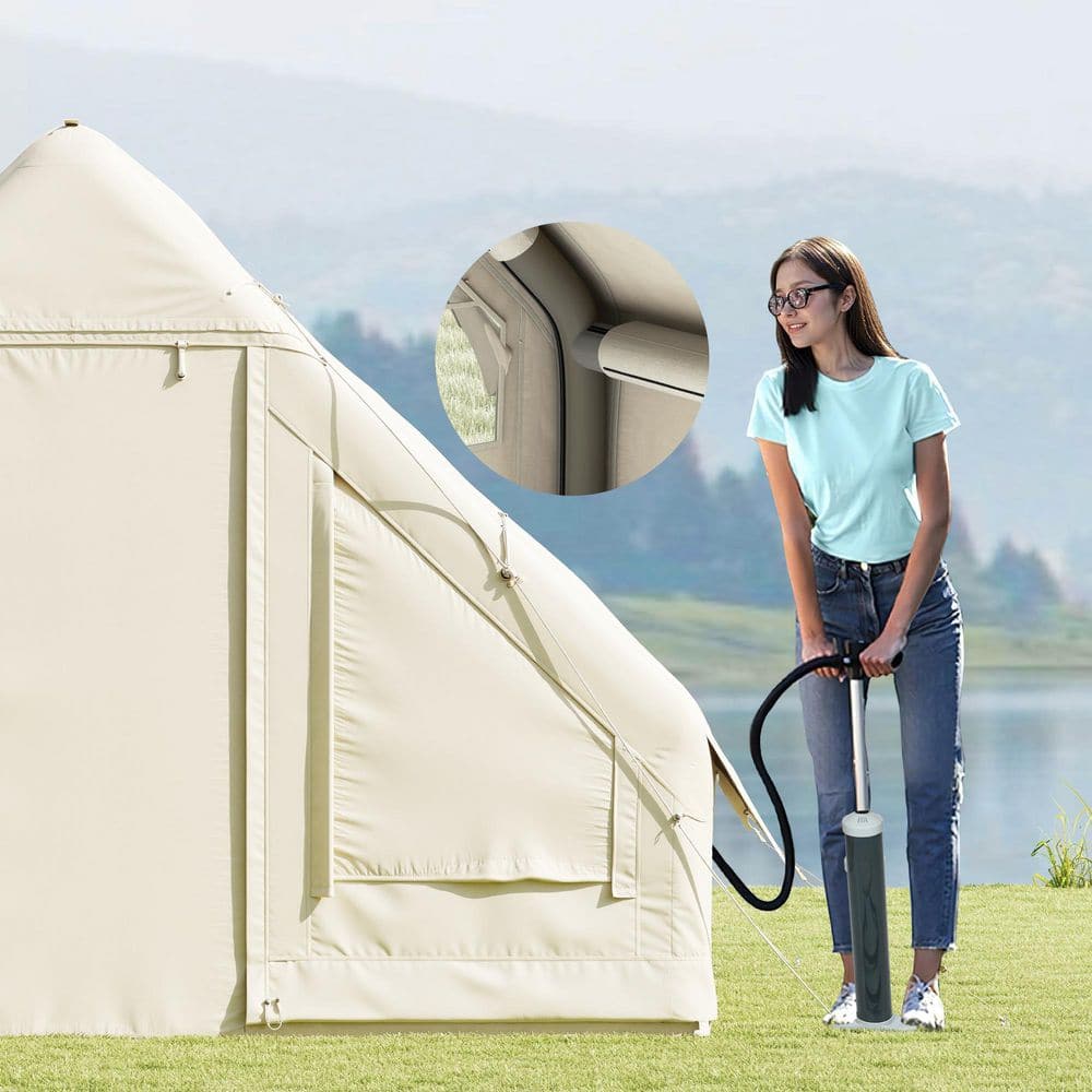 White Inflatable 3-Person Cabin Tent with Mesh Windows and Doors