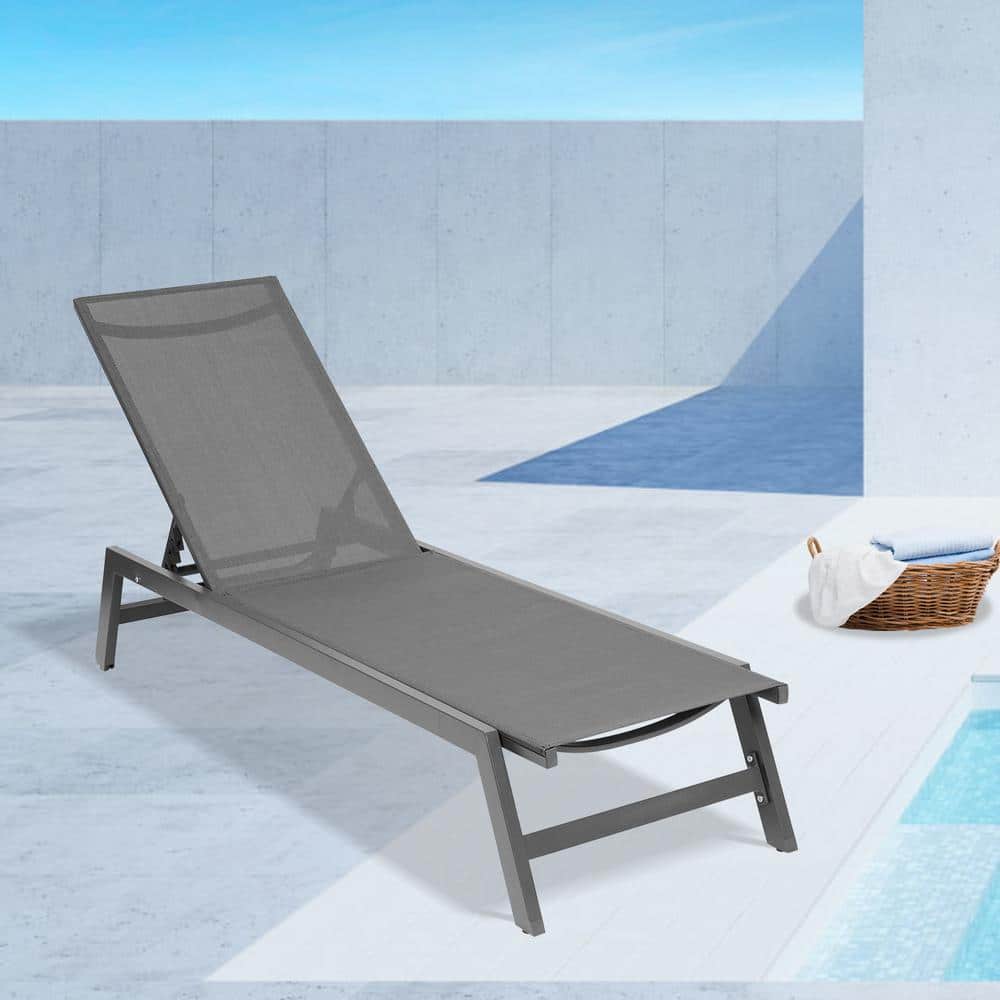 Gray Aluminum Outdoor Chaise Lounge Chair Set with Gray Cushion, Five-Posit