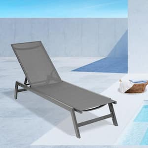Gray Aluminum Outdoor Chaise Lounge Chair Set with Gray Cushion, Five-Position Adjustable Recliner