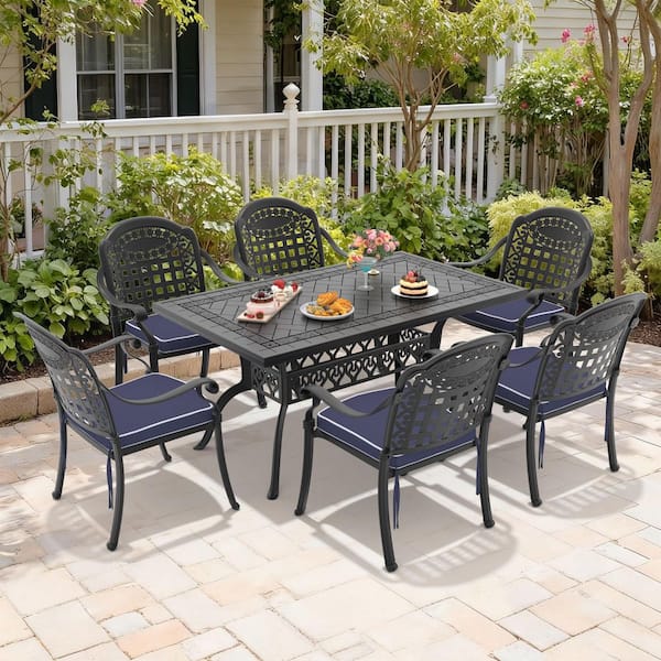 Black 7-Piece Rust-Free Cast Aluminum Outdoor Dining Set with Rectangular Table, 6 Dining Chairs and Blue Cushions