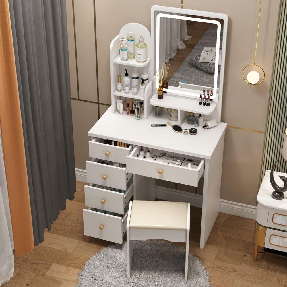 FUFU&GAGA 5-Drawers White Makeup Vanity Sets Table Sets Stool, Mirror, LED Light and 3-Tier Storage Shelves KF210106-03 - The Depot