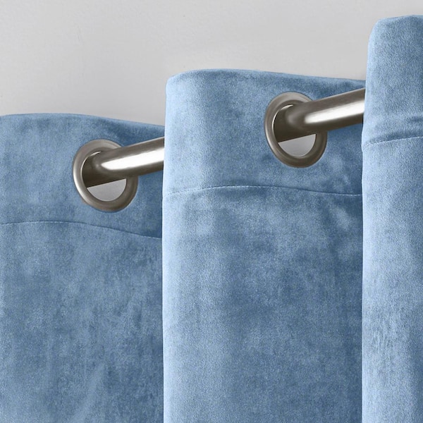 Velvet Slate Blue Solid Light Filtering Grommet Top Curtain, 54 in. W x 96 in. L (Set of 2)