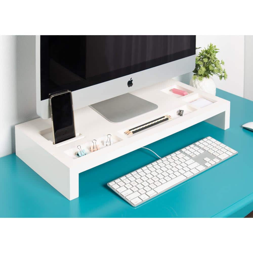 White Wood Desktop Organizer Monitor Stand with Storage Slots