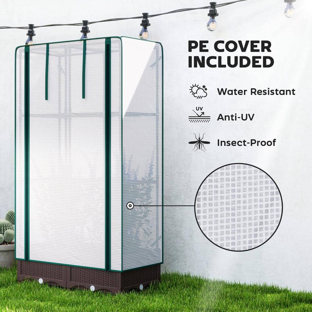 Brown Plastic Raised Garden Bed with Trellis and PE Greenhouse Cover