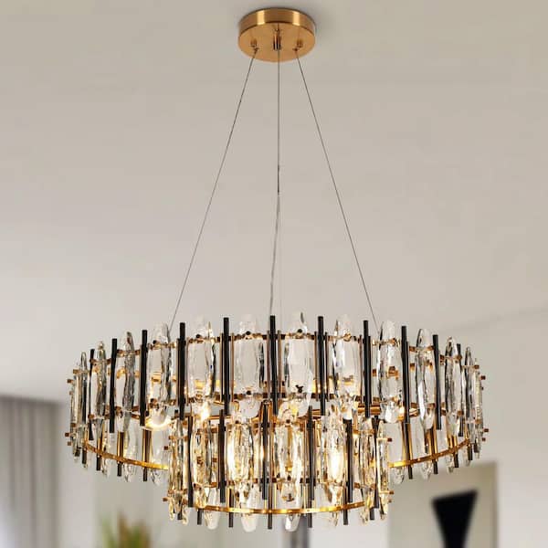 LNC Noctiflorous 10-Light Matte Black and Plating Brass 2-Tier Drum Chandelier with Crystal Strips and No bulbs Included