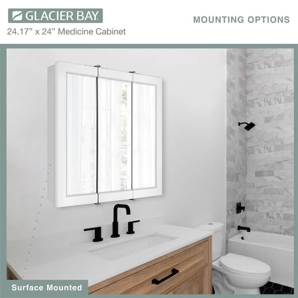 Glacier Bay 24-3/16 in. W x 24 in. H Framed Surface-Mount Tri-View Bathroom Medicine Cabinet with Mirror, White