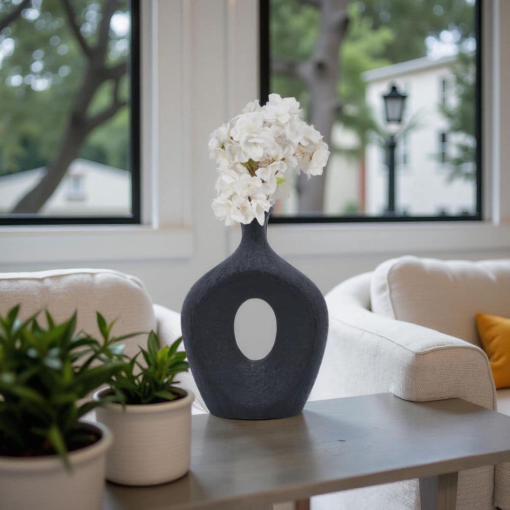 Black Ceramic Beaded Oval Vase with Cut-Out Design