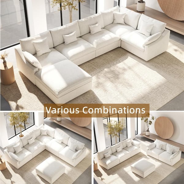 Modular Large 238 in. Flared Arm 6-Piece L-shaped Linen Cloud Couch Sectional Sofa in. White with Ottoman