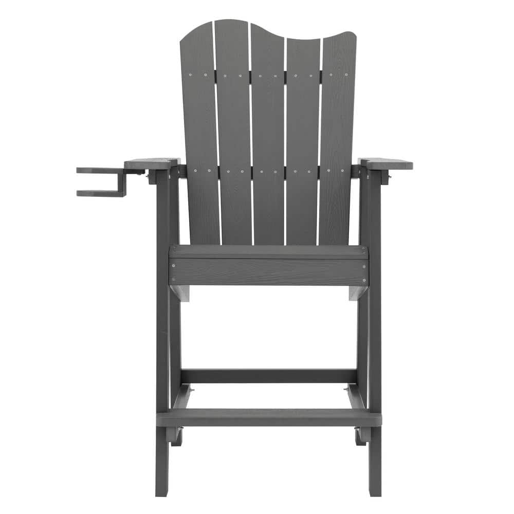LUE BONA Dark Grey Plastic Adirondack Outdoor Bar Stool with Cup Holder