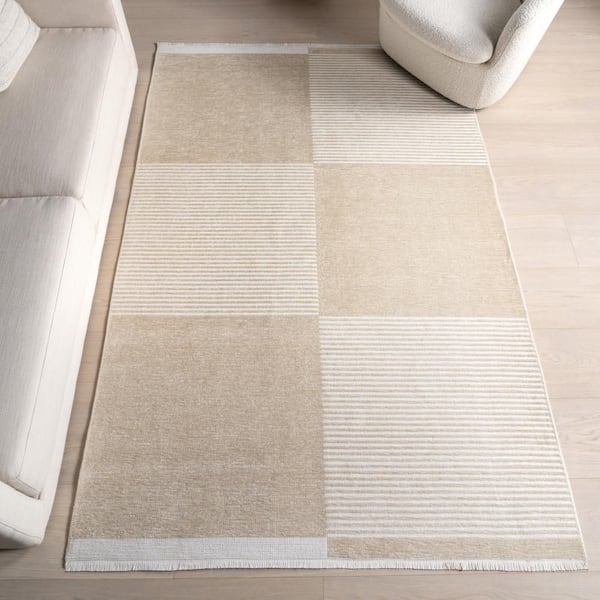 Murphy Large Checkerboard Reversible Washable Taupe 8 ft. x 10 ft. Indoor Area Rug