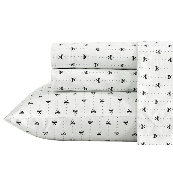 BETSEY JOHNSON Ribbon Pinstripe 4-Piece White Cotton King Sheet Set