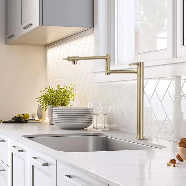 Deck Mounted 2-Handle Brass Pot Filler Folding Kitchen Faucet with Stretchable Double Joint Swing Arms in Bruhsed Gold