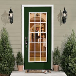 32 in. x 80 in. Conifer 15 Lite Right-Hand Clear Glass Painted Steel Prehung Front Exterior Door Brickmold/Vinyl Frame