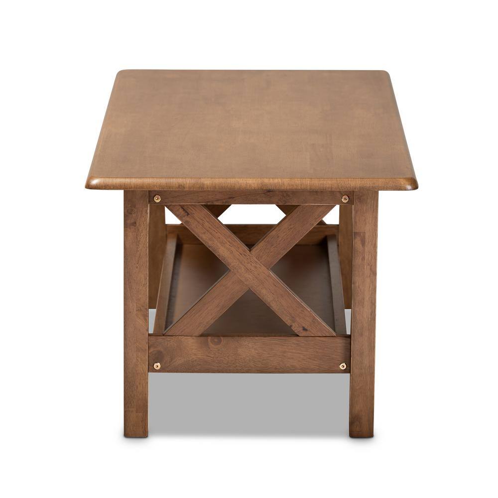 Walnut Brown Rectangular Solid Wood Coffee Table with Shelf
