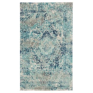 Madison Ivory/Blue Doormat 2 ft. x 4 ft. Geometric Area Rug