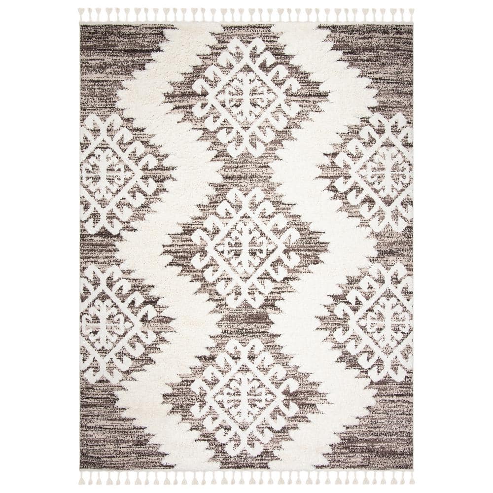 SAFAVIEH Moroccan Tassel Shag Ivory Brown Ft X Ft Modern Geometric Area Rug MTS A