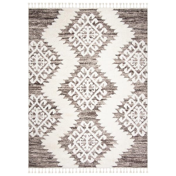 SAFAVIEH Moroccan Tassel Shag Ivory/Brown 9 ft. x 12 ft. Modern Geometric Area Rug