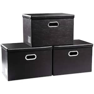 40 Qt. Leather Fabric Storage Bin with Lid in Black (3-Box)