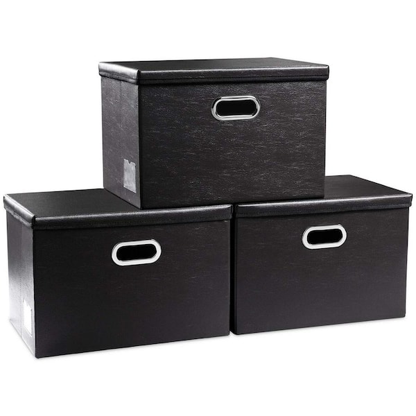 Unbranded 40 Qt. Leather Fabric Storage Bin with Lid in Black (3-Box)