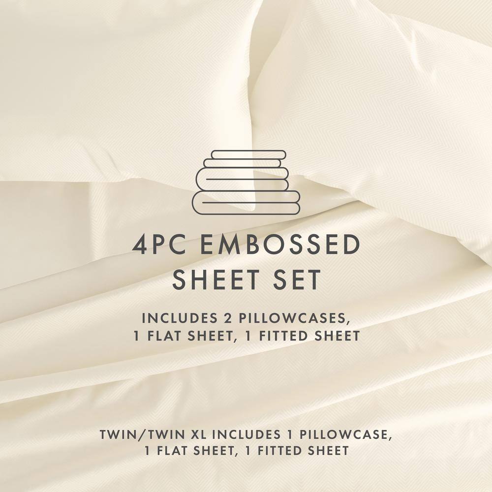 Twin White Chevron Embossed Microfiber Bed Sheet Set