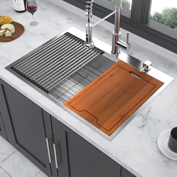 Coporesell 30 in. Drop-in Single Bowl 16 Gauge Brushed Nickel Stainless Steel Kitchen Sink with Workstation