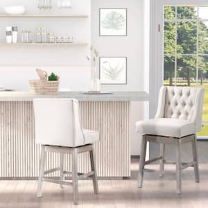 Beige 180° 27 in. Seat Height Swivel Bar Stools (Set of 2) Bar Chairs with Solid Wood Footrests and Button Tufted