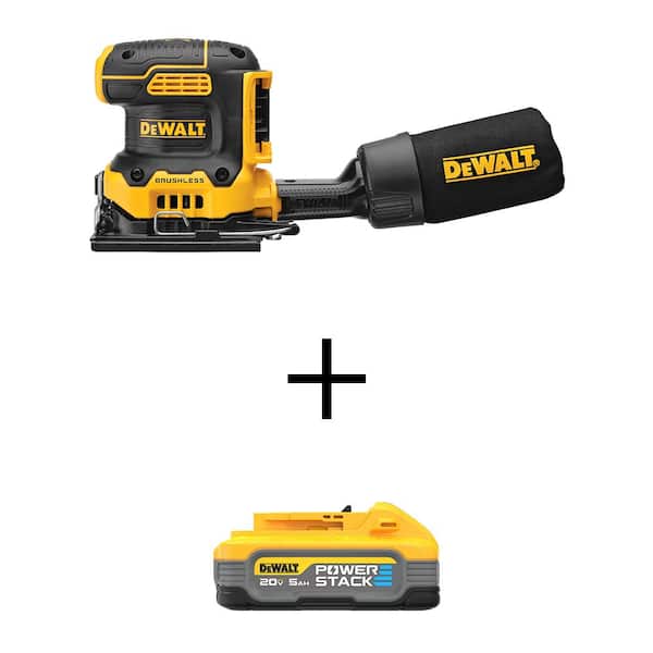 DEWALT 20V Max XR Cordless Brushless 1/4 Sheet Variable Speed Sander with Powerstack 20V Lithium-Ion 5.0Ah Battery Pack