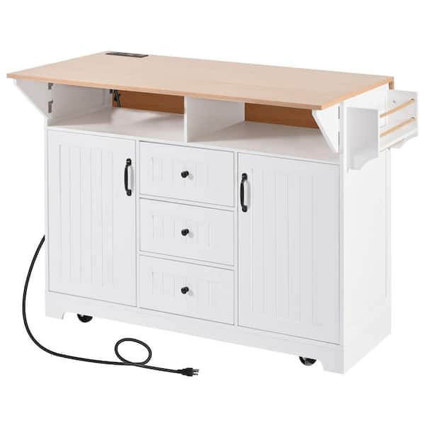 Tatahance White and Brown Wood Top 55.7 in. Rolling Kitchen Island with Drop Leaf, Power Outlet and Towel Rack