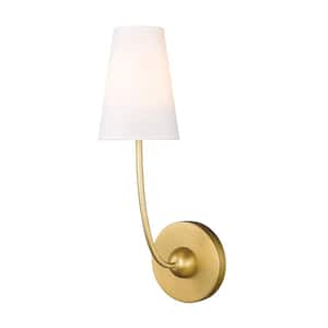 Shannon 5.25 in. 1 Light Rubbed Brass Wall Sconce Light with White Fabric Shade with No Bulbs Included