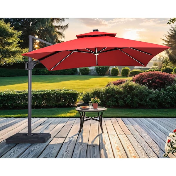Jules Square 10 ft. Steel Roma Cantilever Solar LED Tilt 360 Patio Umbrella in Red