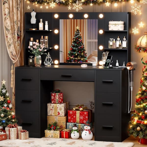Makeup Vanity With Lights in 3-Colors, Vanity Desk with Large Mirror, Drawers and Shelves, Black