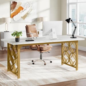 Capen 63 in. Rectangular White and Gold Engineered Wood Executive Computer Desk Conference Table with Heavy Duty Frame