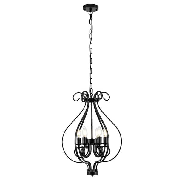 6-Light Modern Black Curved Lantern Geometric Chandelier for Kitchen Island, Living Room with No Bulbs Included