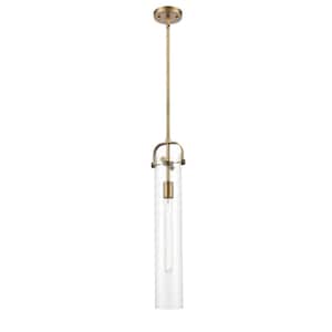 Pilaster 1 Light Brushed Brass Drum Pendant Light with Clear Glass Shade