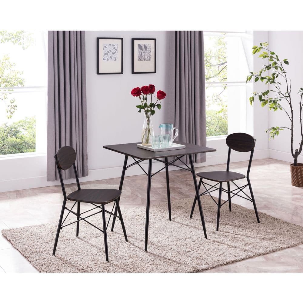 Compact Black Metal and Walnut Wood Dining Set with 2 Chairs