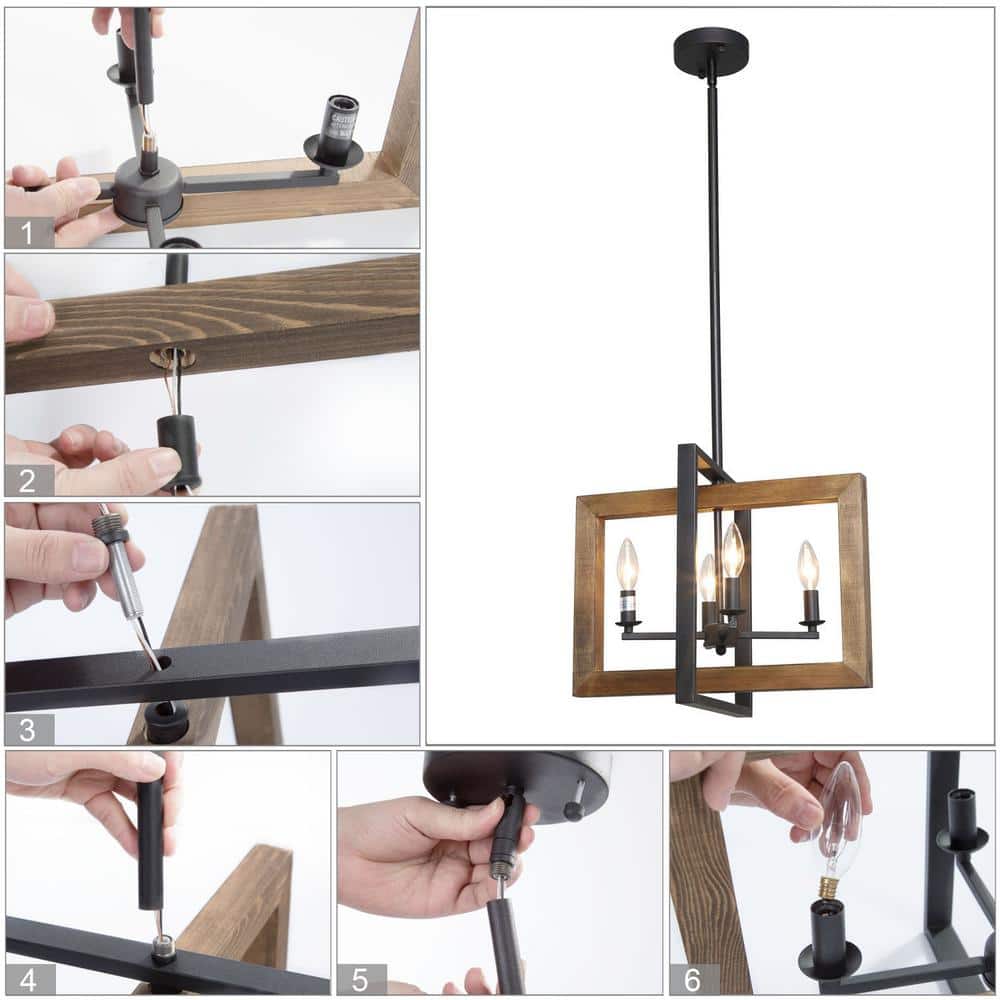 Rustic Wood & Iron 4-Light Black Candelabra Pendant Chandelier