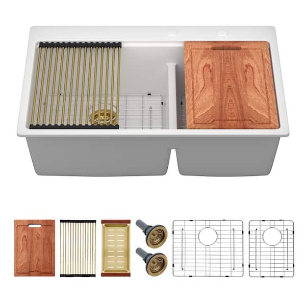 33 in. Drop-In/Topmount 60/40 Double Bowl White Quartz Composite Low Divide Workstation Kitchen Sink with Bottom Grids