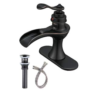 Waterfall Single Hole Single-Handle Low-Arc Bathroom Faucet with Drain Assembly and Supply line in oil rubbed bronze