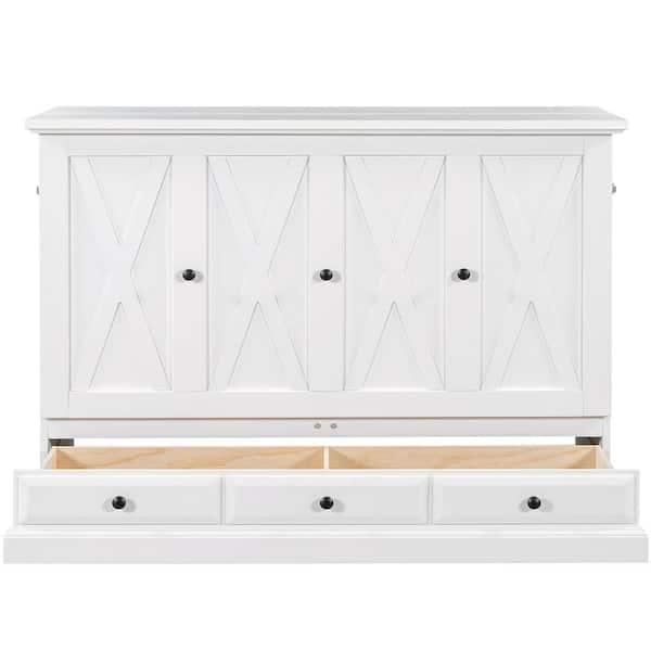 White Wood Frame Queen Size Murphy Bed, Chest Cube Cabinet Bed with Charging Station and Large Storage Drawer