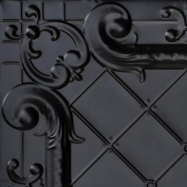 FROM PLAIN TO BEAUTIFUL IN HOURS Take Home Sample - Romeo, Romeo Satin Black 1 ft. x 1 ft. Decorative Tin Style Nail Up Ceiling Tile (1 sq. ft./case)